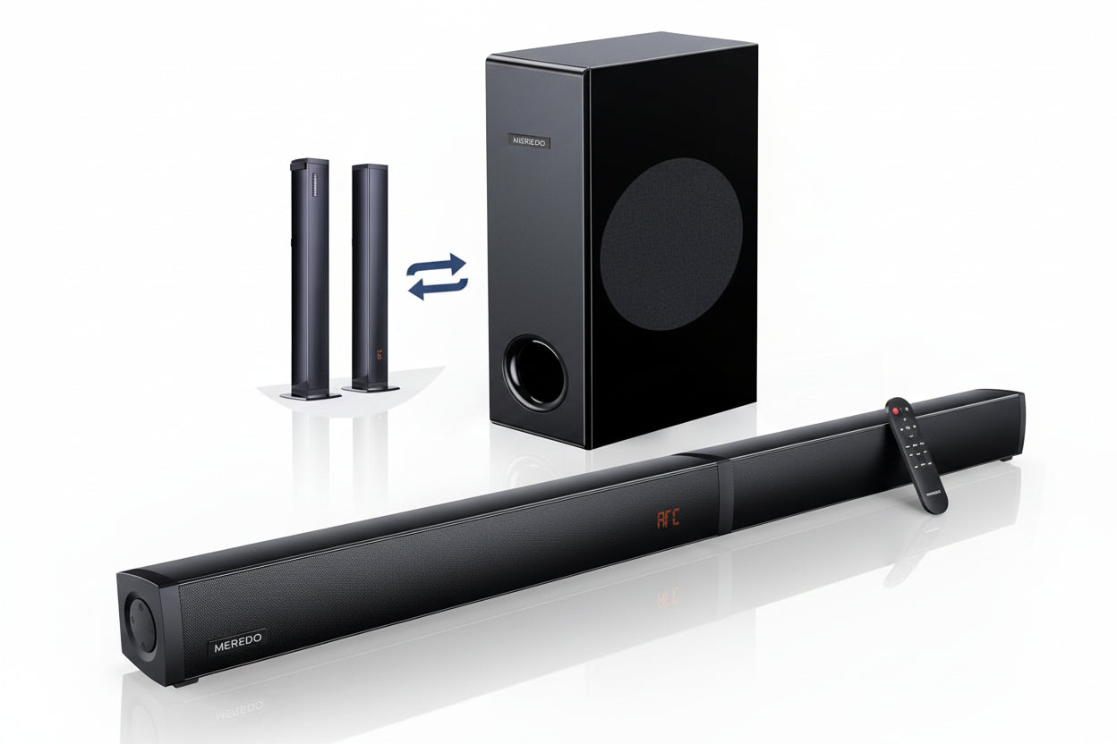 180 W MEREDO 2-in-1 abnehmbare Soundbar mit Subwoofer – 2.1 Kanal Soundbar für Fernseher, Bluetooth, 5 EQ-Modi, Surround Sound Heimkino-Audiosystem