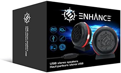 Haut-parleurs gaming USB ENHANCE SL2 pour PC – Enceintes d'ordinateur stéréo avec lumières LED rouges, alimentation USB, audio 3,5 mm, système audio compact pour bureau