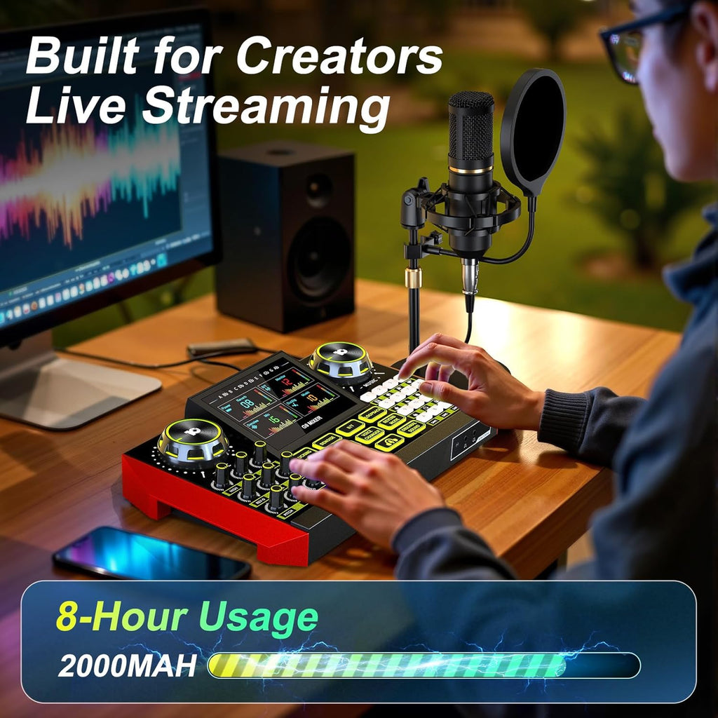 G9 Audio-Mischpult – Live-Streaming DJ-Mixer mit Stimmverzerrer, Rauschunterdrückung, 3,5-mm-/XLR-Mikrofonunterstützung für PC, Handy, Gaming & Podcast