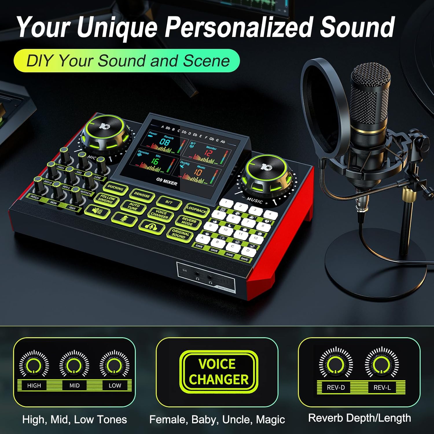 G9 Audio Mixer Sound Board – Live Streaming DJ Mixer with Voice Changer, Noise Reduction, 3.5mm/XLR Mic Support for PC, Phone, Gaming & Podcast