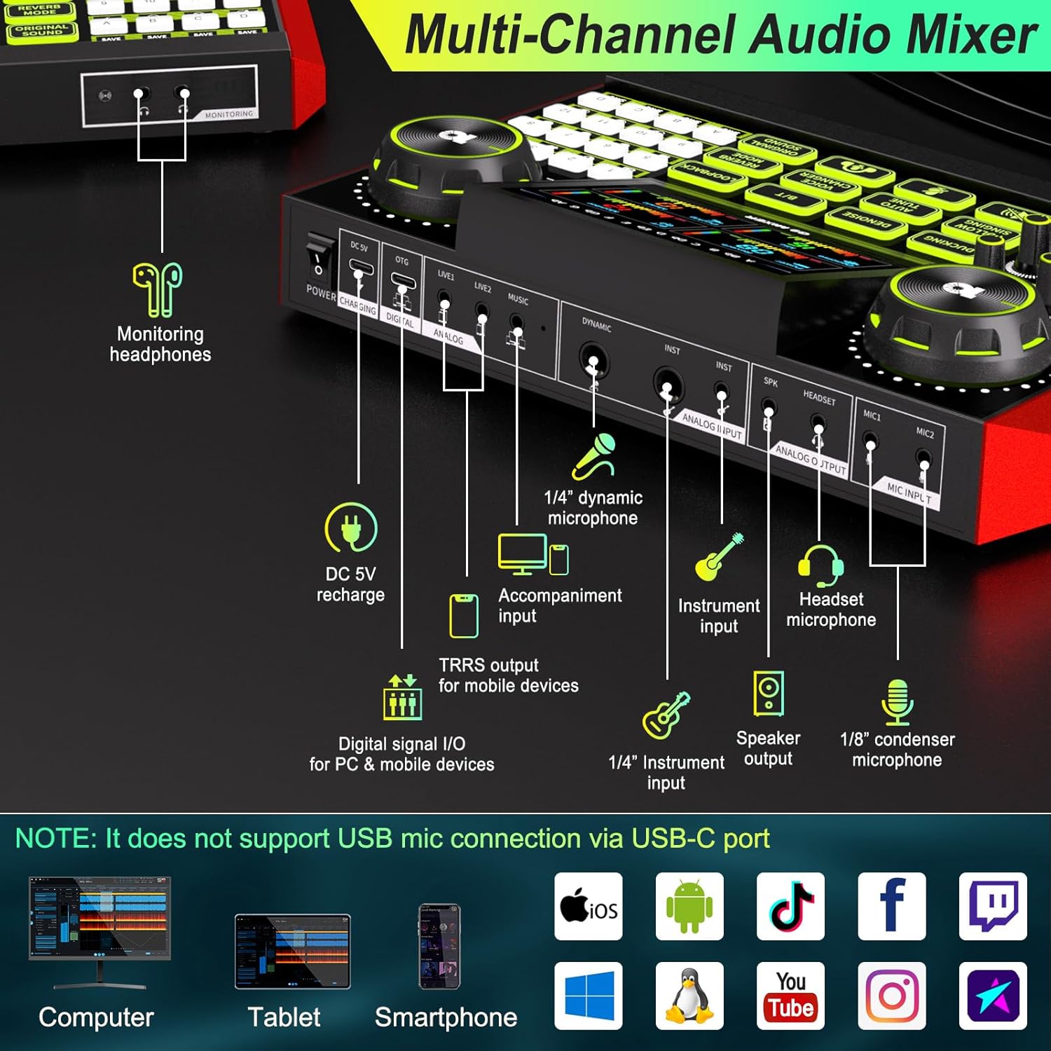 Sound Mixer Board, Colourful Light Voice Changer Geluidskaart, Audio Mixer Sound Mixing DJ Console 12 Modi 16 Geluidseffecten voor Muziekopname Karaoke Zingen (Zwart Sound Mixer Board, Colourful Light Voice Changer Geluidskaart, Audio Mixer Sound Mixing DJ Console 12 Modi 16 Geluidseffecten voor Muziekopname Karaoke Zingen (Zwart