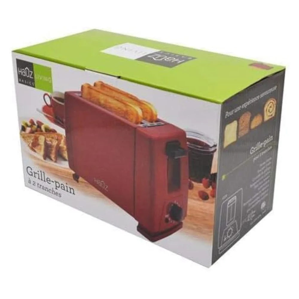 HAUZ AT2SR 2-Slice Toaster – Compact Electric Bread Toaster with Adjustable Browning Control, Wide Slots & Removable Crumb Tray