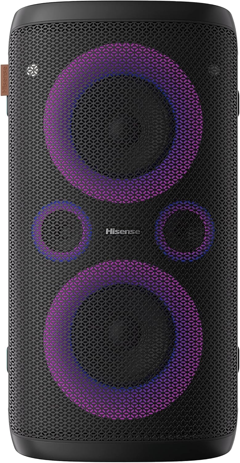 Hisense HP100 Party Rocker One Tragbarer Bluetooth Lautsprecher – 300W 2.0 Kanal Drahtloser Partylautsprecher mit LED-Lichtern, Karaoke-Mikrofoneingang & wiederaufladbarem Akku