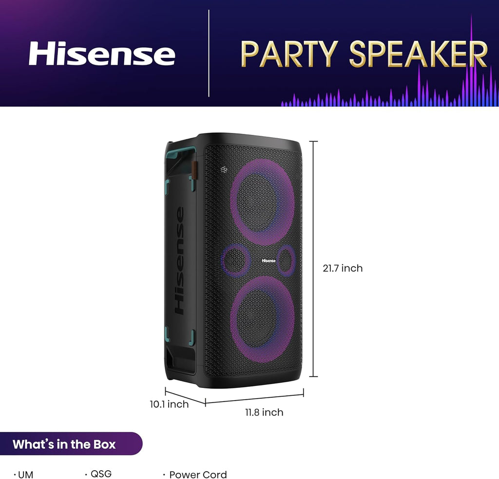 Hisense HP100 Party Rocker One Tragbarer Bluetooth Lautsprecher – 300W 2.0 Kanal Drahtloser Partylautsprecher mit LED-Lichtern, Karaoke-Mikrofoneingang & wiederaufladbarem Akku