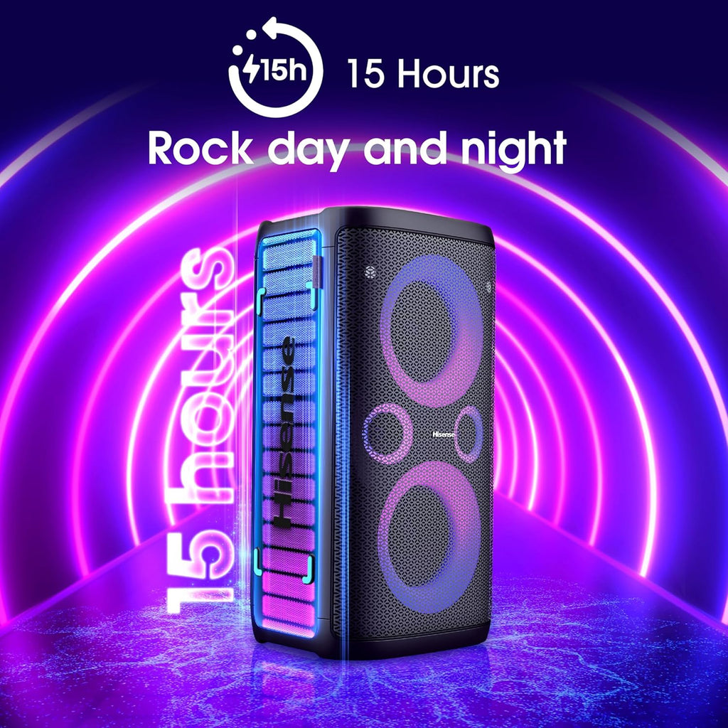 Hisense HP100 Party Rocker One Tragbarer Bluetooth Lautsprecher – 300W 2.0 Kanal Drahtloser Partylautsprecher mit LED-Lichtern, Karaoke-Mikrofoneingang & wiederaufladbarem Akku