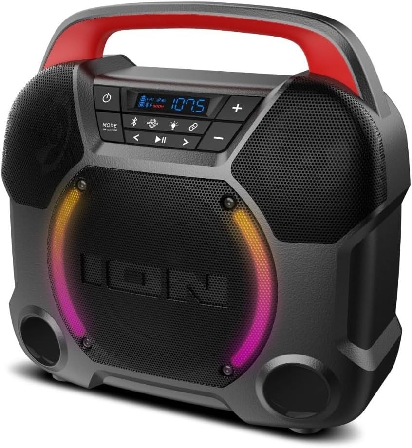 Enceinte Bluetooth portable ION Audio Pathfinder Go – Enceinte sans fil d'extérieur étanche IPX5 avec radio FM, lumières LED et batterie rechargeable