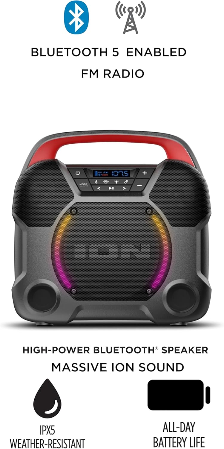 Enceinte Bluetooth portable ION Audio Pathfinder Go – Enceinte sans fil d'extérieur étanche IPX5 avec radio FM, lumières LED et batterie rechargeable