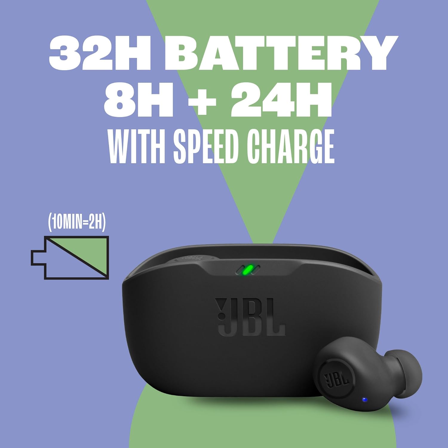 Écouteurs sans fil JBL Vibe Buds – Son basse profonde, écouteurs Bluetooth avec étui de recharge, résistants à l'eau IPX2, longue autonomie de la batterie