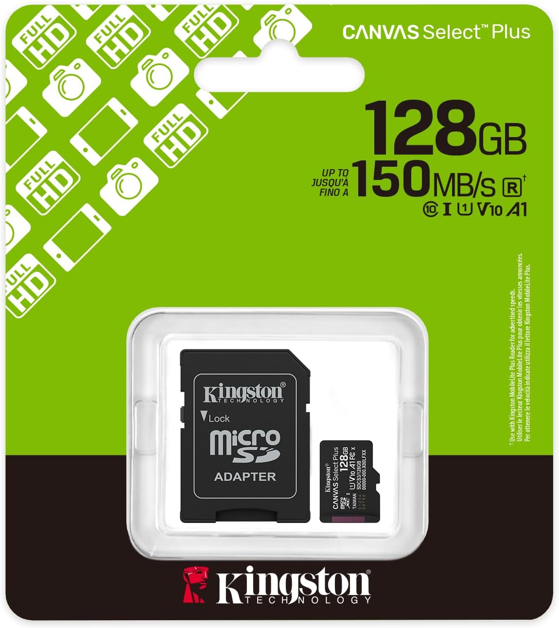 Carte microSD Kingston Canvas Select Plus 128 Go SDCS3/128 Go – Carte mémoire microSD haute vitesse Classe 10 UHS-I pour smartphones, tablettes, appareils photo et jeux