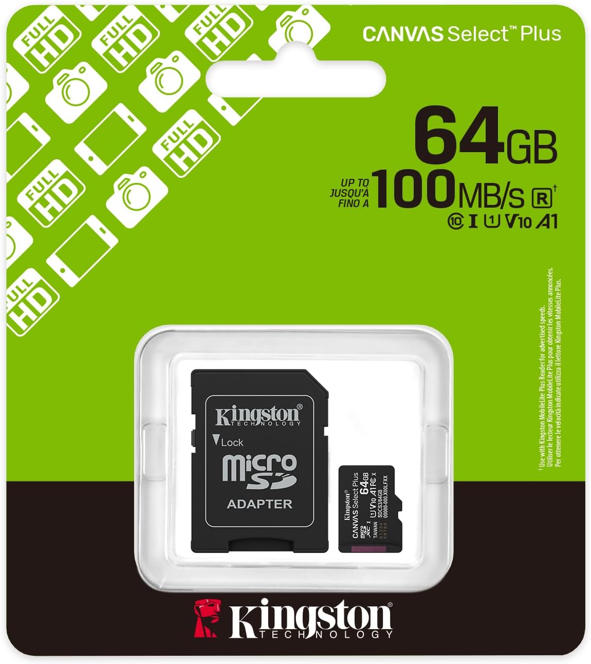 Carte microSD Kingston Canvas Select Plus SDCS3/64GB de 64 Go – Carte microSD haute vitesse Classe 10 UHS-I pour smartphones, tablettes, appareils photo et extension de stockage