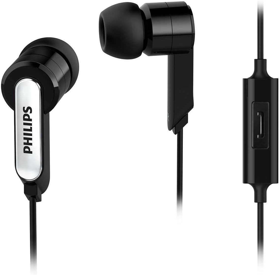 Philips SHE1405BK Wired In-Ear Headphones with Microphone – Stereo Earbuds with Deep Bass, In-Line Remote & Comfortable Fit (Black)