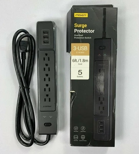 PISEN Überspannungsschutz-Steckdosenleiste mit 3 USB-Anschlüssen – Mehrfachsteckdose mit schnellem USB-Laden & Überlastschutz für Zuhause und Büro