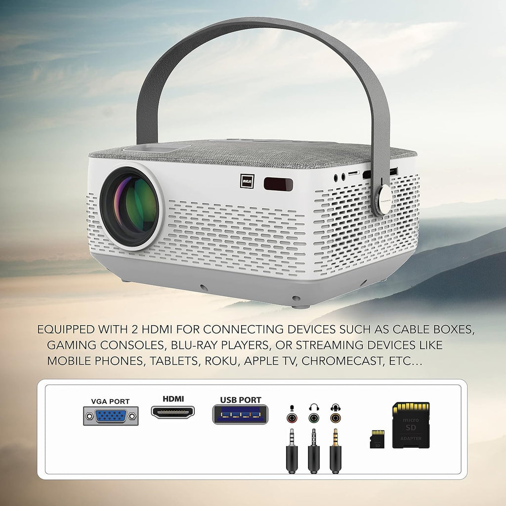 RCA RPJ402 1080p Bluetooth 5.0 Home Theater Projector – Portable HD Video Projector with HDMI, USB & Wireless Audio for Movies, Gaming & Streaming