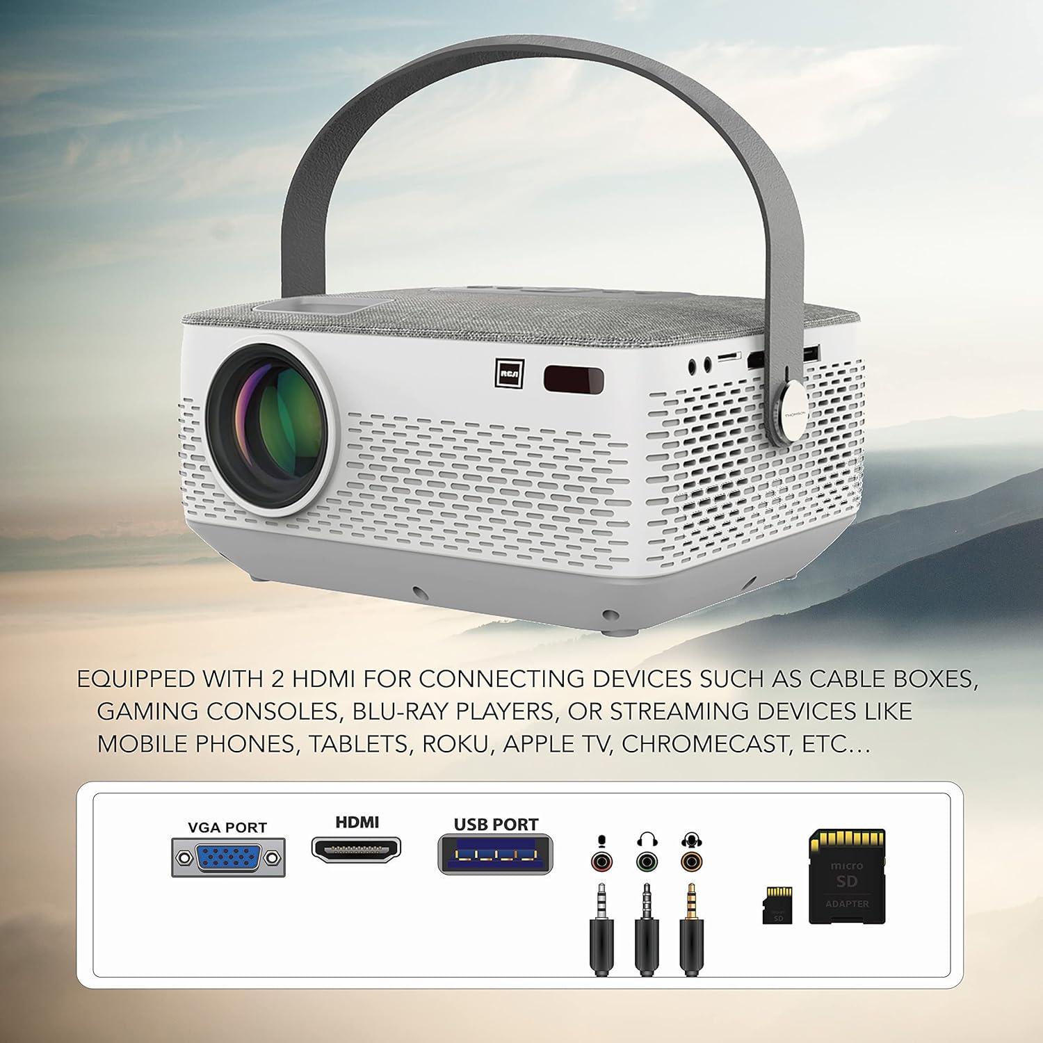 RCA RPJ402 1080p Bluetooth 5.0 Heimkino-Projektor – Tragbarer HD-Videoprojektor mit HDMI, USB & Wireless Audio für Filme, Gaming & Streaming