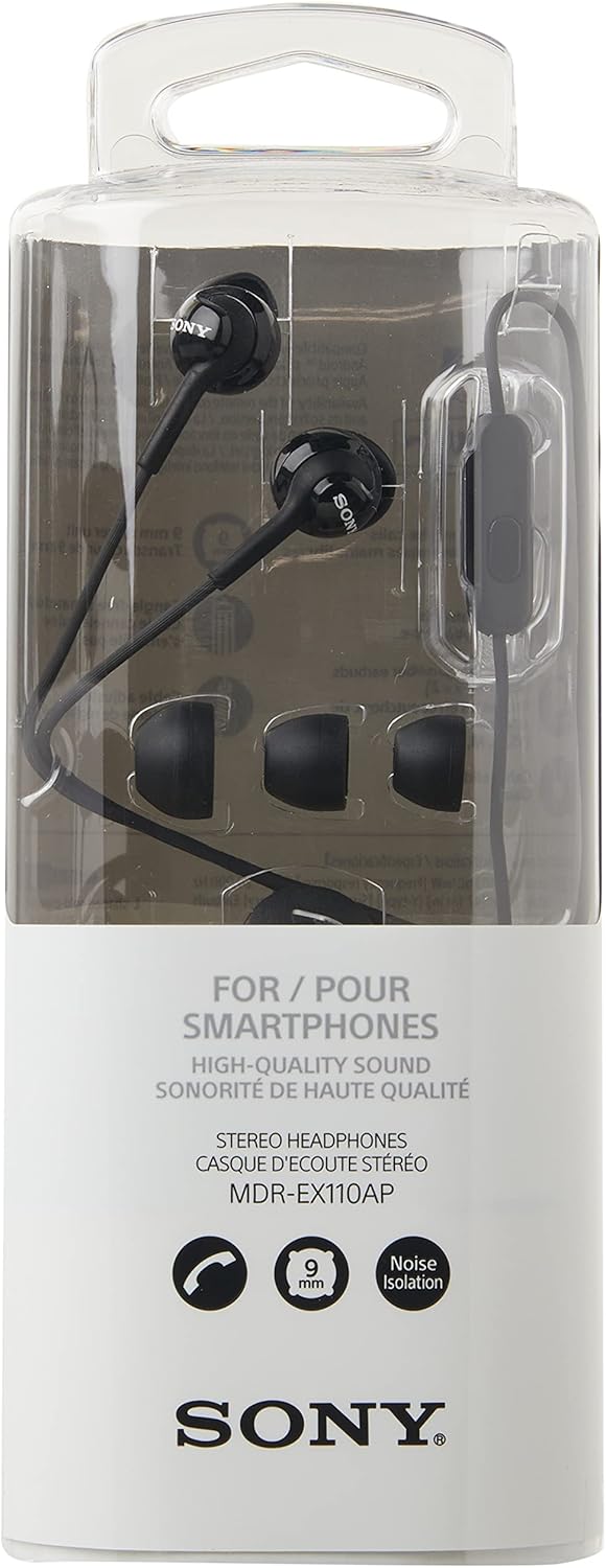 Écouteurs intra-auriculaires filaires Sony MDR-EX110AP avec microphone – Écouteurs intra-auriculaires offrant des basses puissantes, une télécommande intégrée et une isolation phonique confortable