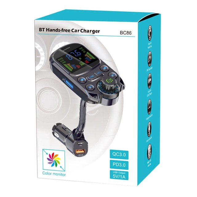 Lecteur MP3 de voiture BC86 avec transmetteur FM Bluetooth, chargeur USB, appels mains libres, écran LED et deux ports USB pour la diffusion de musique en voiture.