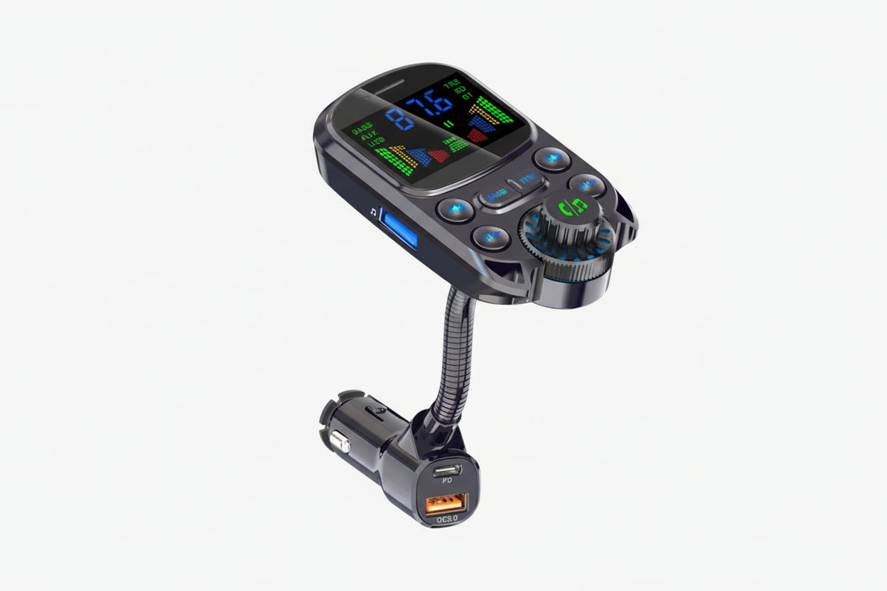 Lecteur MP3 de voiture BC86 avec transmetteur FM Bluetooth, chargeur USB, appels mains libres, écran LED et deux ports USB pour la diffusion de musique en voiture.