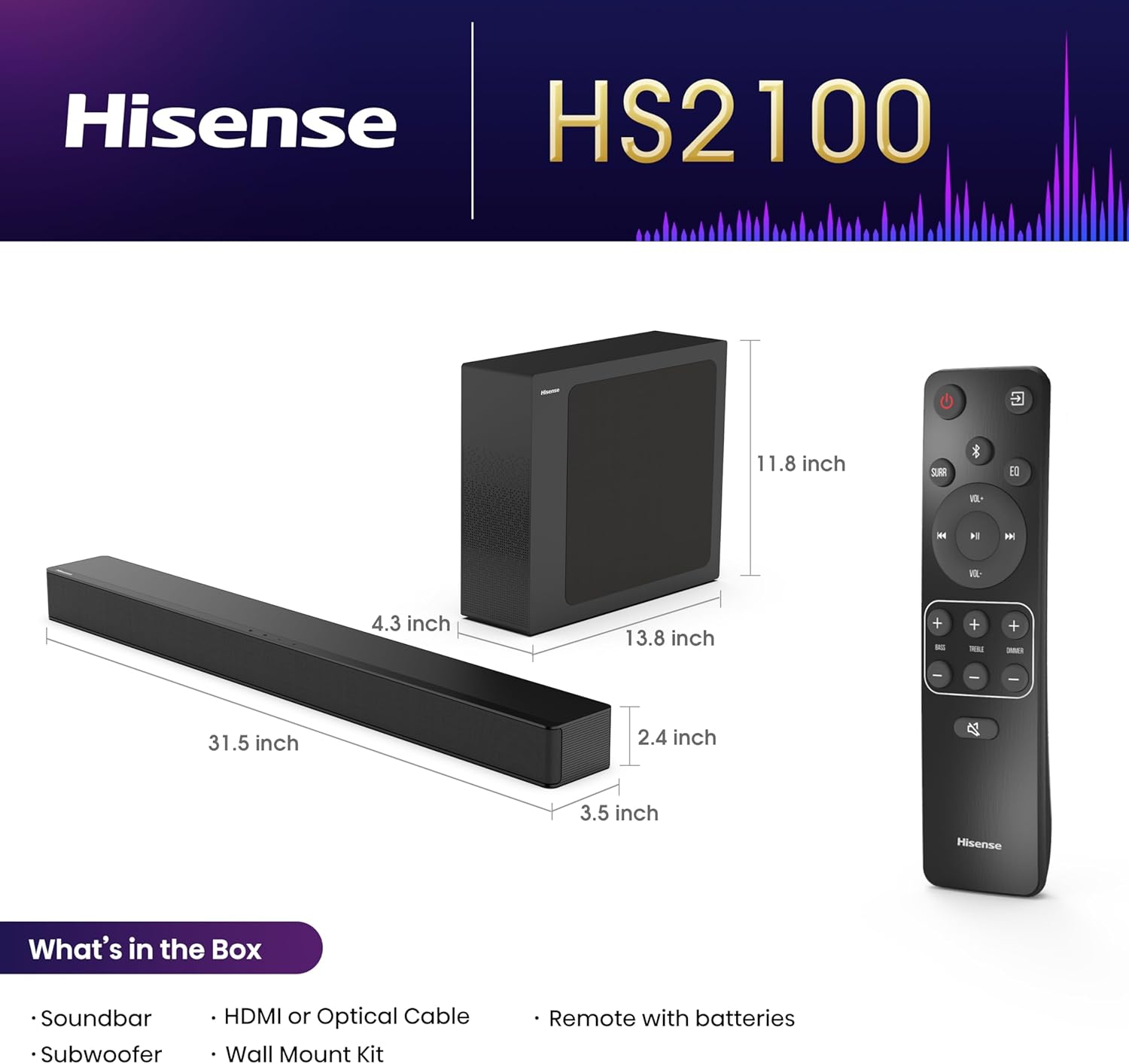 Hisense HS2100 2.1 Channel 240W Soundbar with Wireless Subwoofer