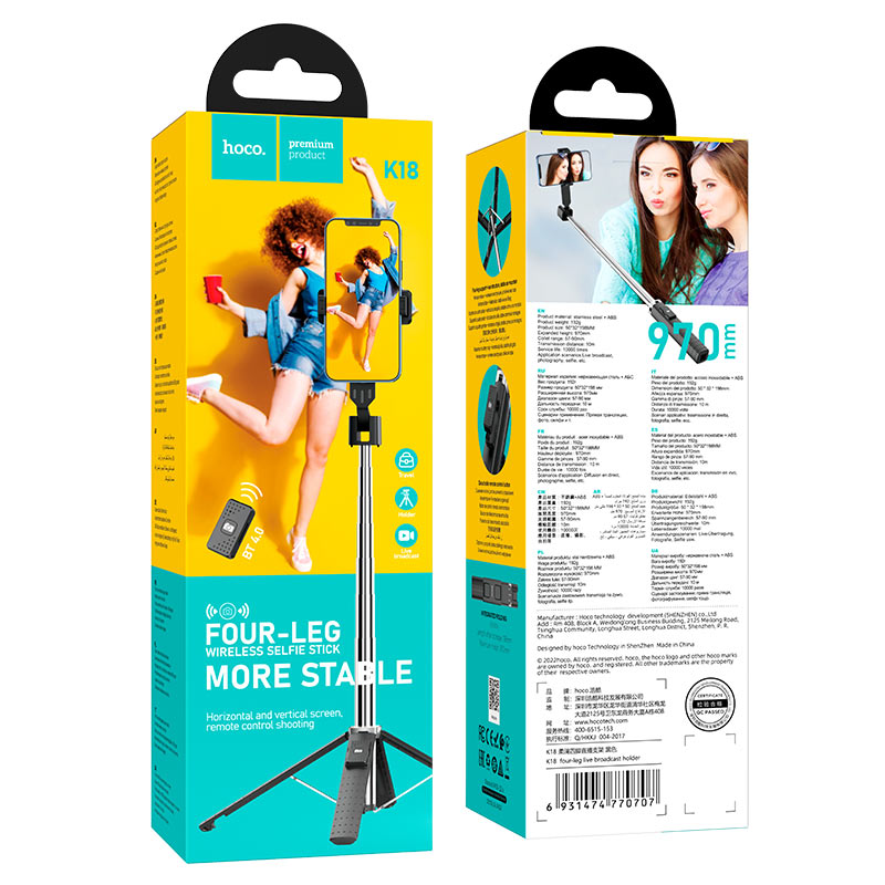 HOCO K18 Kabelloser Bluetooth Selfie-Stick Stativ – Tragbarer ausziehbarer Handyhalter mit Fernauslöser für iPhone & Android Smartphones