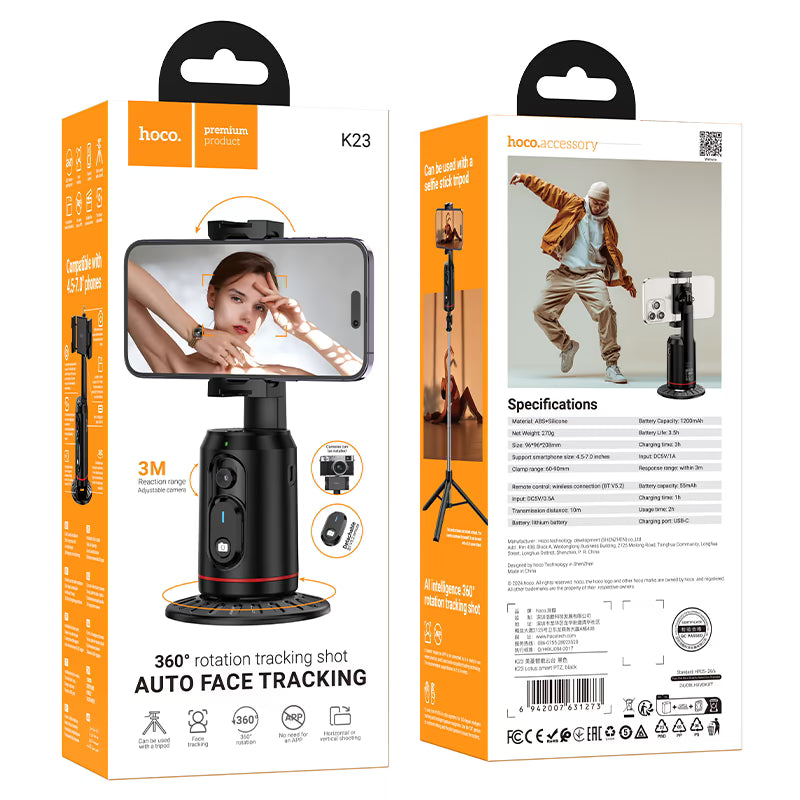 Hoco K23 Smart Auto Face Tracking Tripod – 360° Rotating Phone Holder with Bluetooth Remote, AI Tracking Stand for Vlogging, Live Streaming & Video Recording