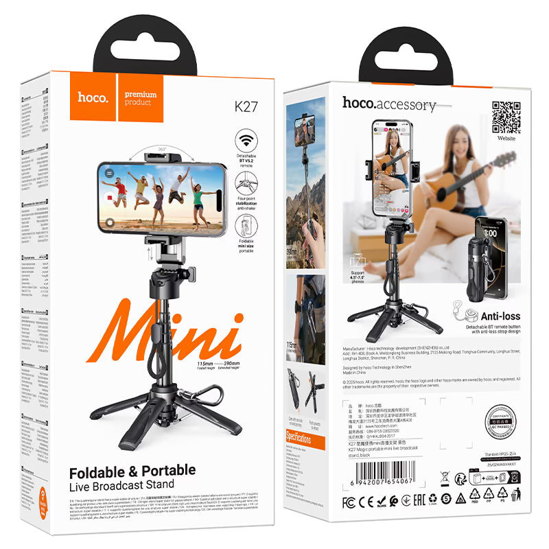 HOCO K27 Magic Portable Bluetooth Selfie Stick Tripod – Mini Aluminum Alloy Live Broadcast Stand with Wireless Remote for Smartphones (4.5–7.0 inch)