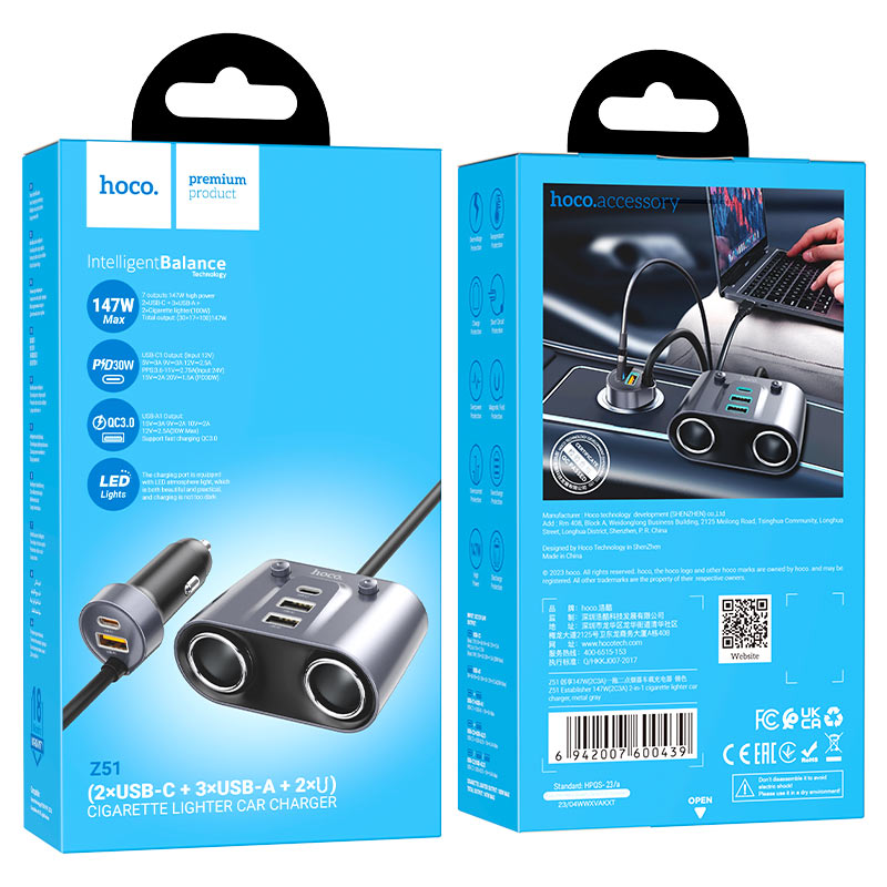 Chargeur de voiture HOCO Z51 à double port USB pour charge rapide – Chargeur de voiture USB à 2 ports pour smartphones, tablettes et appareils mobiles