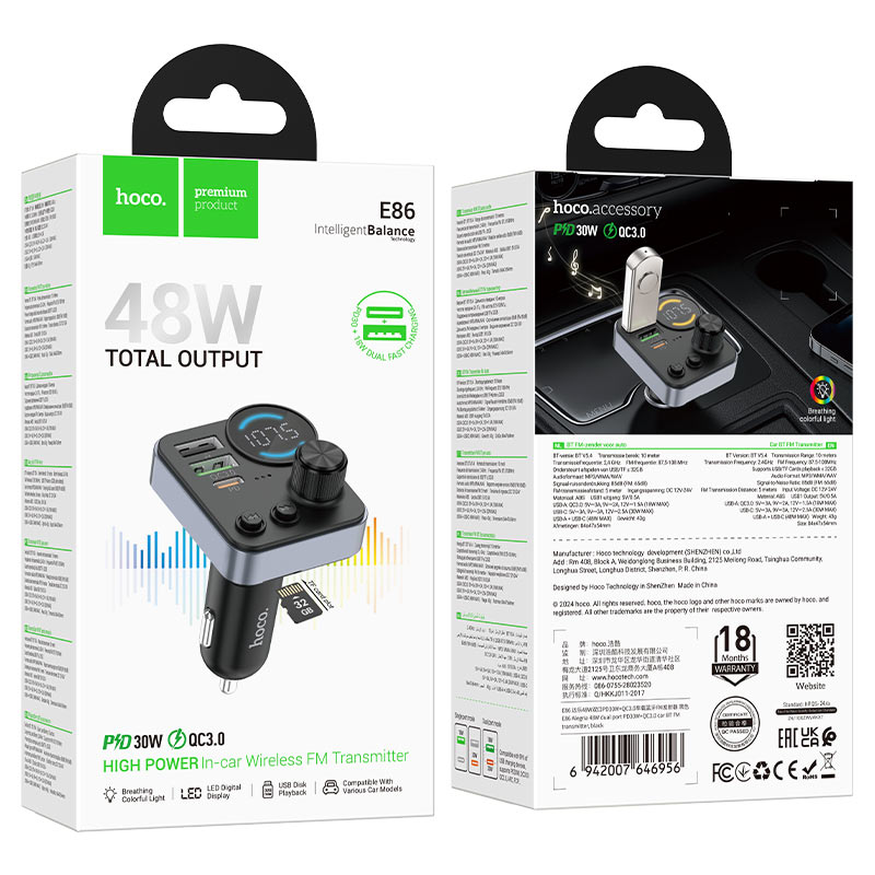 HOCO E86 48W Bluetooth FM Transmitter & Schnellladegerät fürs Auto – PD30W USB-C + QC3.0 Dual Port, Freisprechanrufe, RGB-Display