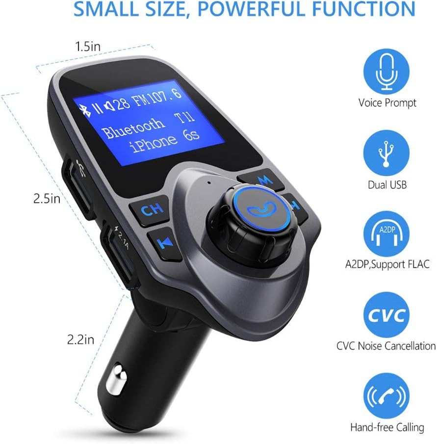 Lecteur MP3 Bluetooth T11 pour voiture avec transmetteur FM – Musique sans fil, appels mains libres et double port USB pour la recharge.