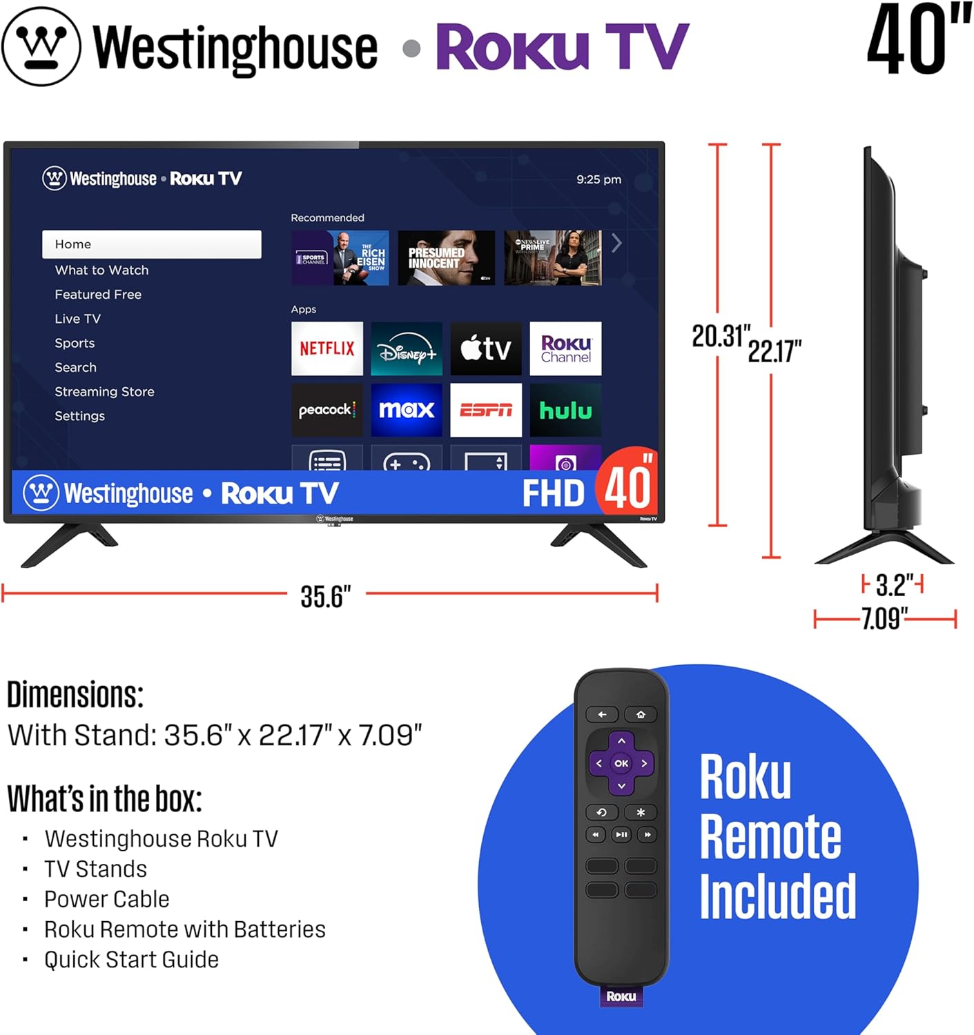 Westinghouse 40-Zoll LED Fernseher Full HD 1080p – Schlankes Design Flachbildfernseher mit HDMI, USB & Digital-Tuner
